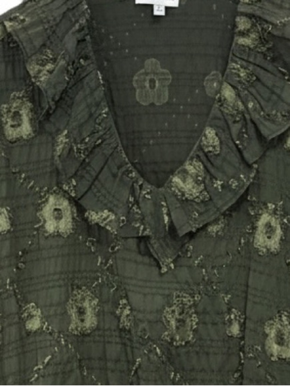 Sage + Fig Green Textured Floral Long Sleeve Ruffle Neck Top Women’s Size Medium - Picture 5 of 11